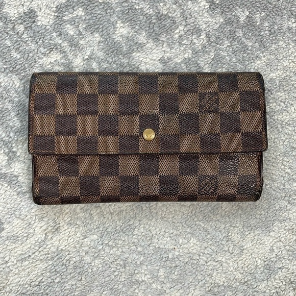 Louis Vuitton Sarah Wallet In Ebene Damier Canvas and Brown Leather Trifold - Picture 1 of 17